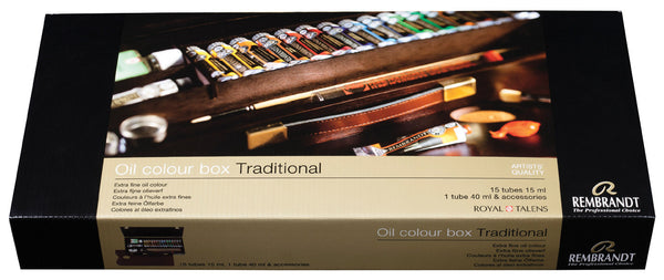 Rembrandt Couleurs à l’huile set coffret bois Traditional | 15 x 15 ml + 1 x 40 ml + accessoires