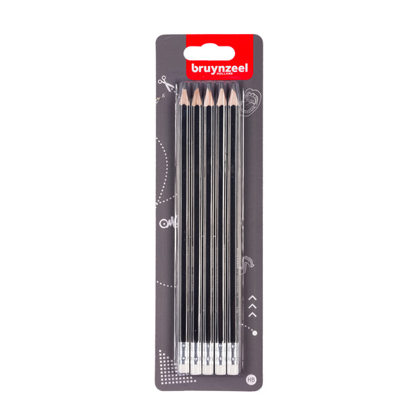 Bruynzeel Graphite pencil set | 5 HB graphite pencils with eraser tips