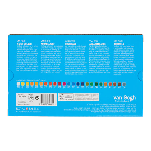 Van Gogh Aquarelverf set in kist met 24 kleuren in halve Napjes + 3 accessoires