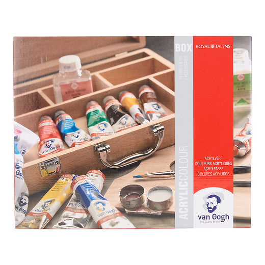 Van Gogh Set de pinturas acrílicas en una caja de madera básica con 10 colores en tubos de 40 ml + accesorios