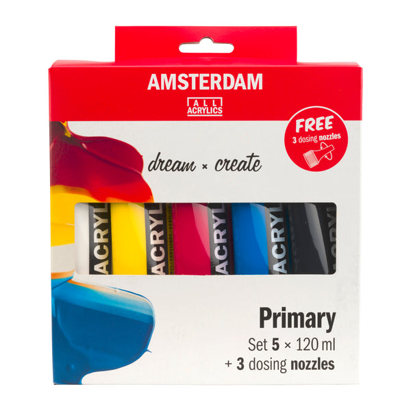 Amsterdam Standard Series acrylic paint primary set | 5 x 120 ml + 3 dosing nozzles