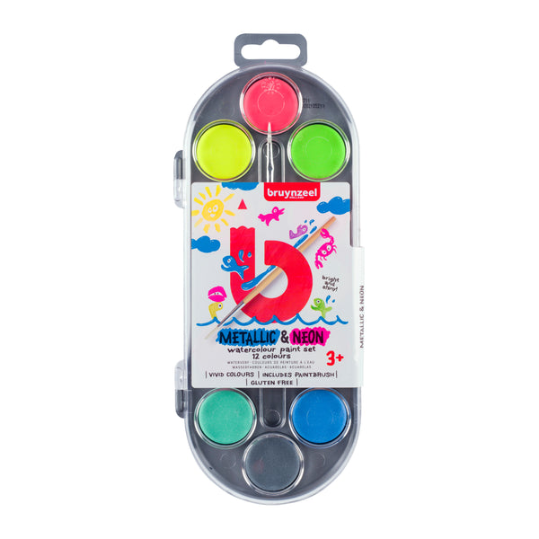 Bruynzeel Kids set de peinture à l'eau de 12 couleurs métalliques et fluo avec pinceau