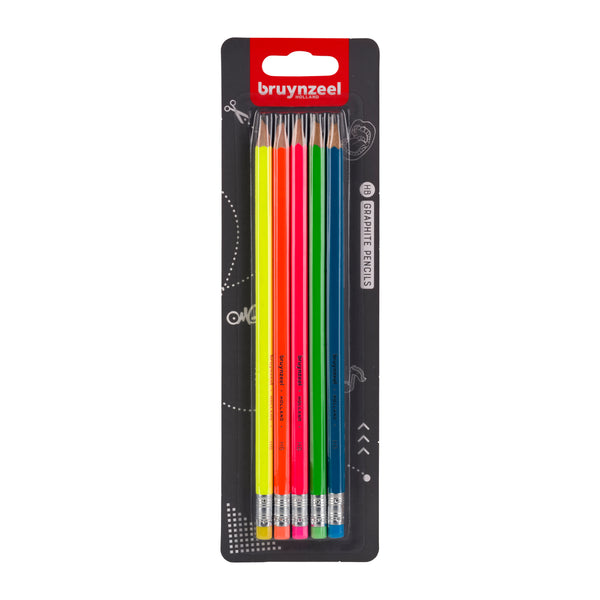 Bruynzeel Set de crayons graphite néon | 5 crayons graphite HB avec pointe gomme