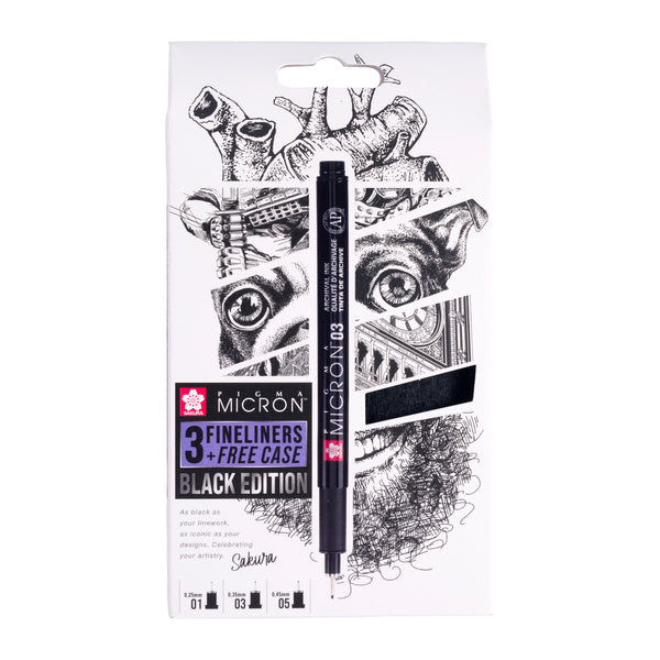 Sakura Pigma Micron Schwarz Edition Set + gratis Stiftetui | 3 Größen, schwarz