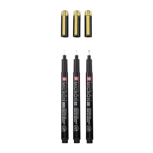 Sakura Pigma Micron Black & Gold Edition fineliner set + pen case | 3 sizes, black