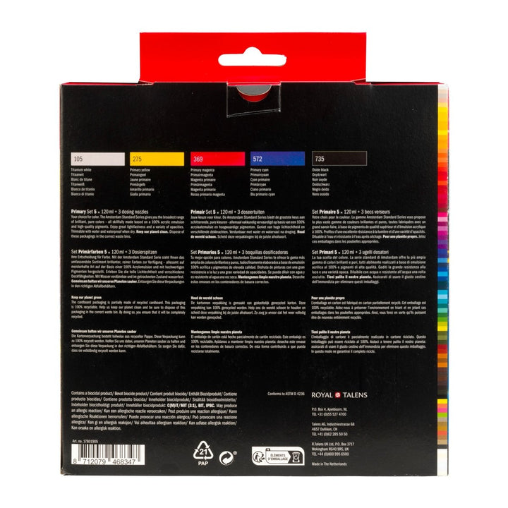 Amsterdam Standard Series acrylic paint primary set | 5 x 120 ml + 3 dosing nozzles