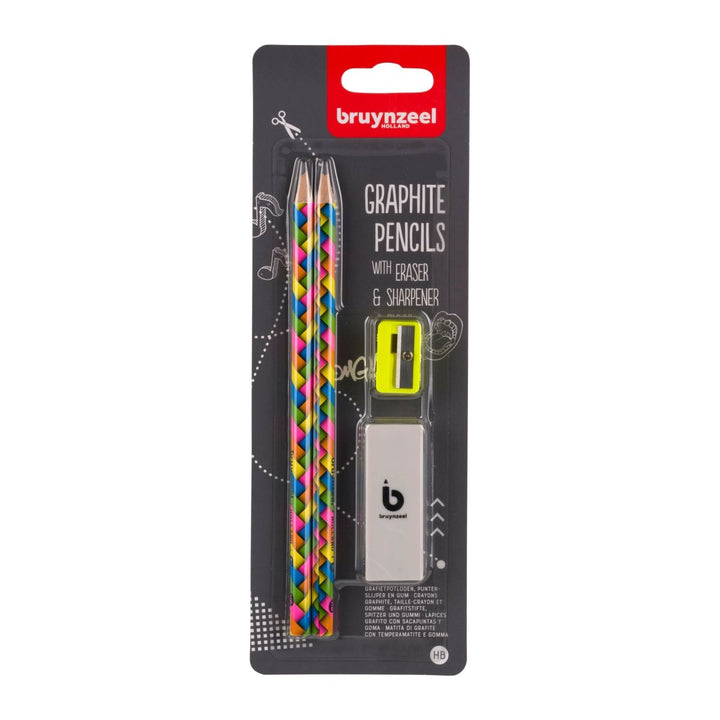 Bruynzeel Graphite pencil set neon| 2 HB graphite pencils + sharpener & eraser