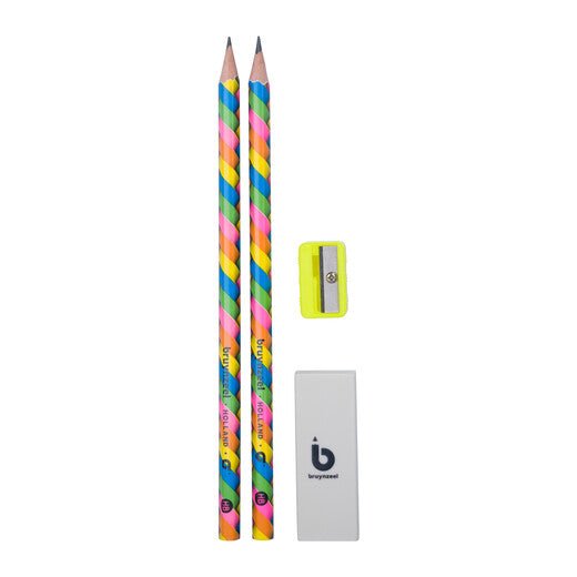 Bruynzeel Graphite pencil set neon| 2 HB graphite pencils + sharpener & eraser