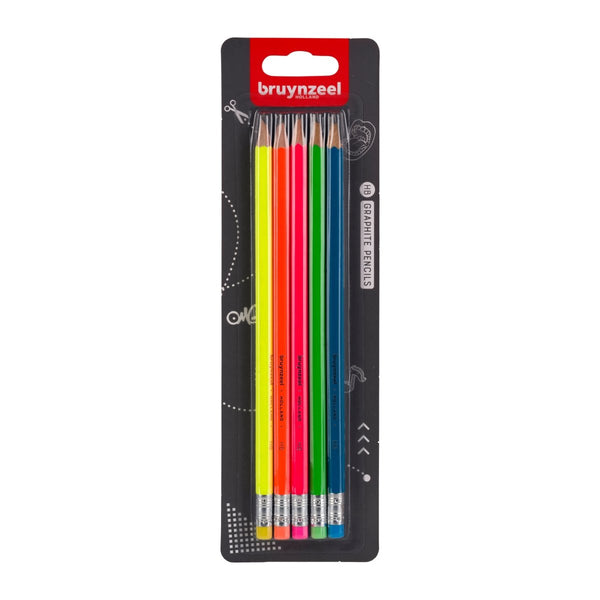 Bruynzeel Graphite pencil set neon | 5 HB graphite pencils with eraser tips