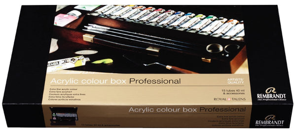 Rembrandt Acrylic colour wooden box set Professional | 15 x 40 ml + accessories