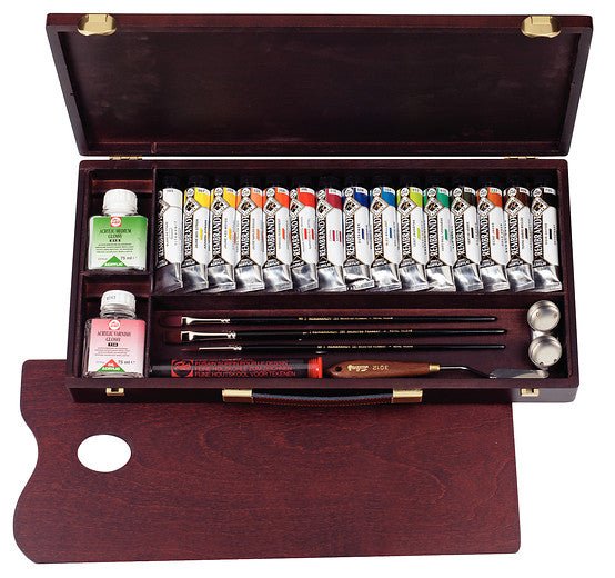 Rembrandt Acrylic colour wooden box set Professional | 15 x 40 ml + accessories