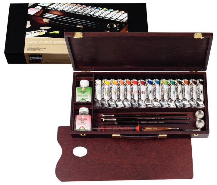 Rembrandt Acrylic colour wooden box set Professional | 15 x 40 ml + accessories