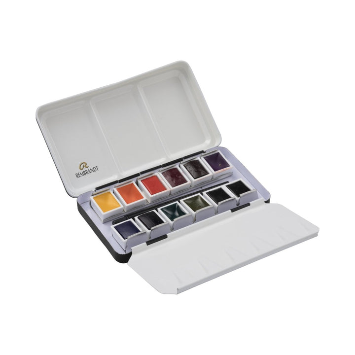 Rembrandt Watercolour metal tin set Oxide Black Mixing/Dusk Colour Selection | 12 pans + brush