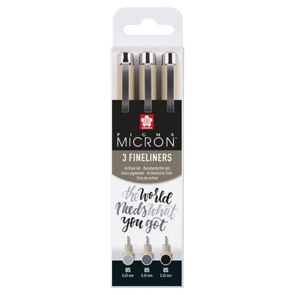 Sakura Pigma Micron 05 fineliner set | 3 pens, black & gray