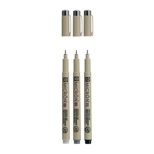 Sakura Pigma Micron 05 fineliner set | 3 pens, black & gray