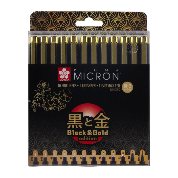 Sakura Pigma Micron Black & Gold Edition fineliner set | 12 sizes, black