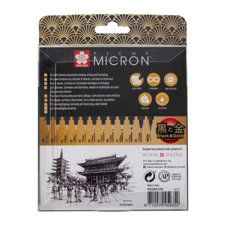 Sakura Pigma Micron Black & Gold Edition fineliner set | 12 sizes, black