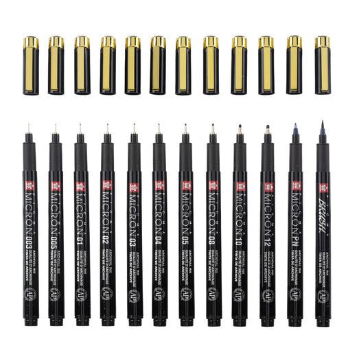 Sakura Pigma Micron Black & Gold Edition fineliner set | 12 sizes, black