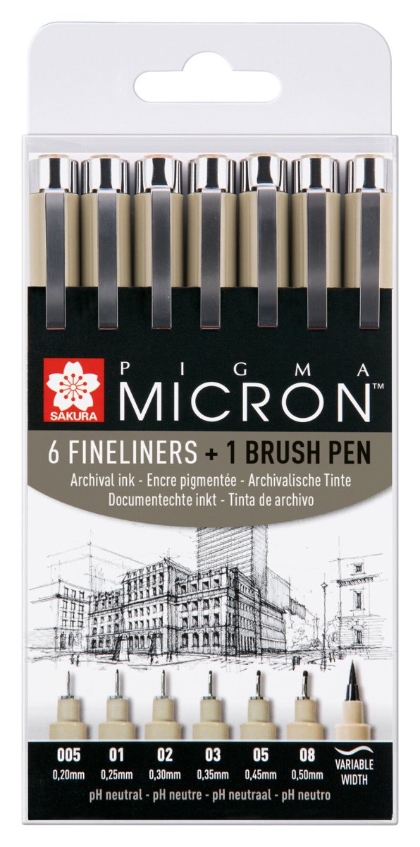 Sakura Pigma Micron fineliner set | 6 sizes + 1 Pigma Brush, black