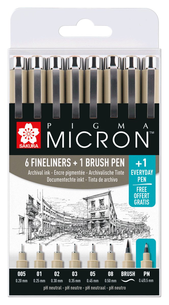 Sakura Pigma Micron fineliner set | 7 sizes + 1 Pigma Micron PN for free, black